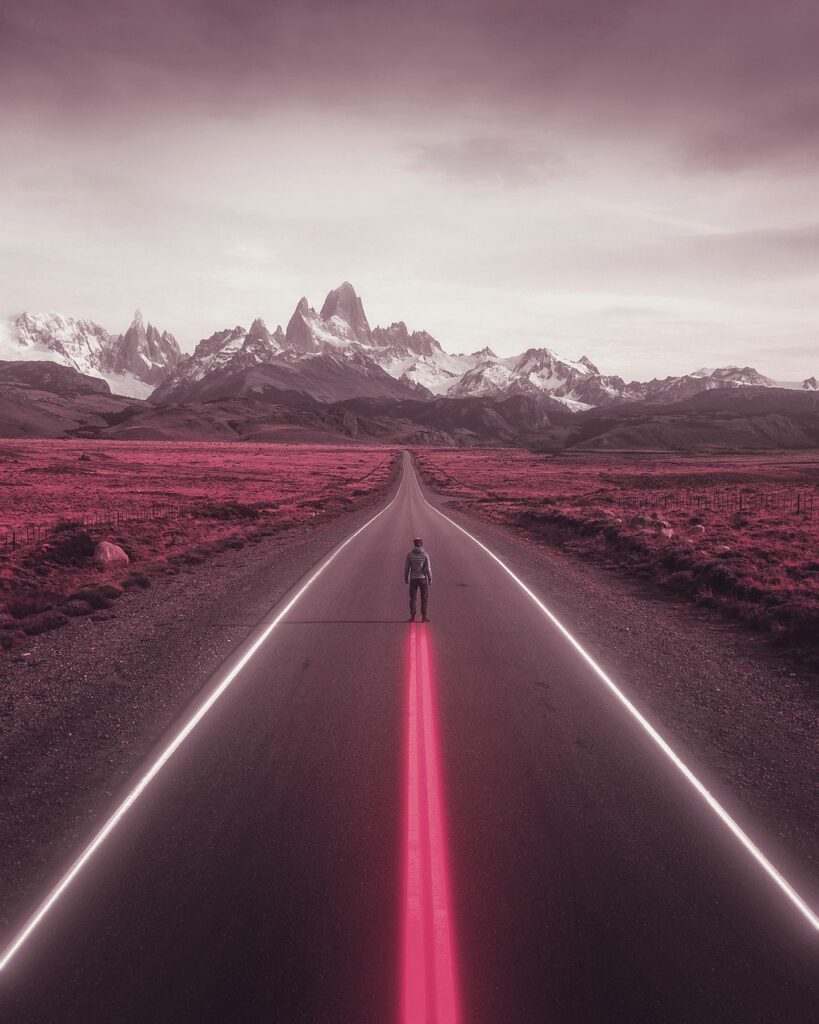 road, neon lights, man